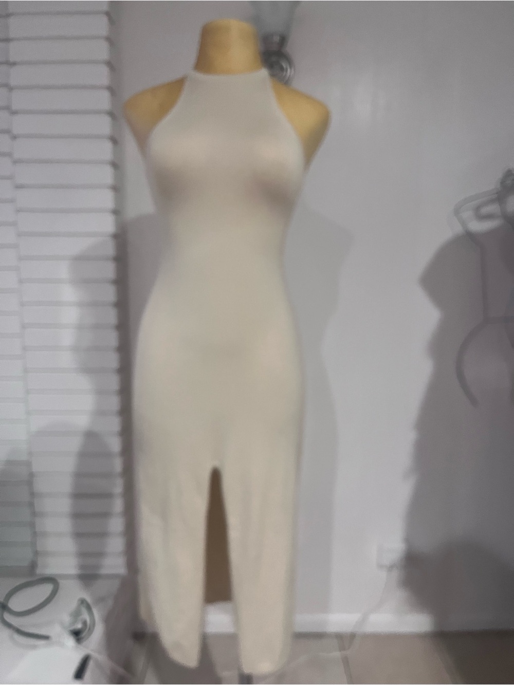 Sleeveless Cream Halter Midi Dress with Front Slit